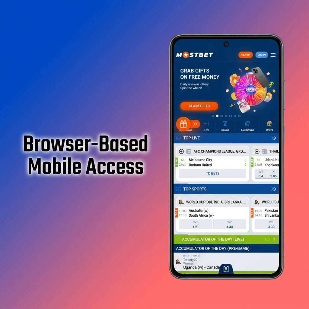 Smartphone showing a browser-based mobile betting site for cricket and slots, requiring no app download.