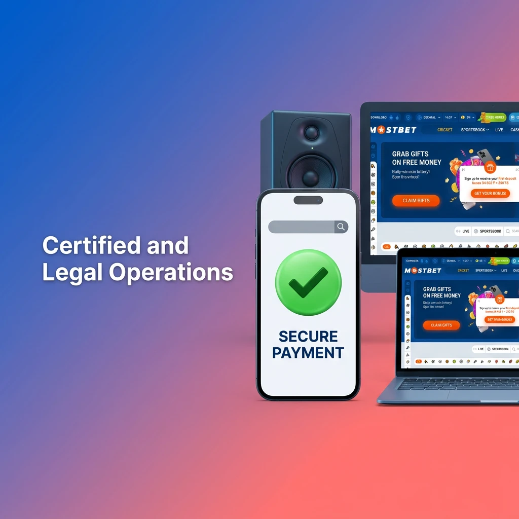 Graphic representing certified and legal gaming operations with a Curaçao license and SSL data encryption.