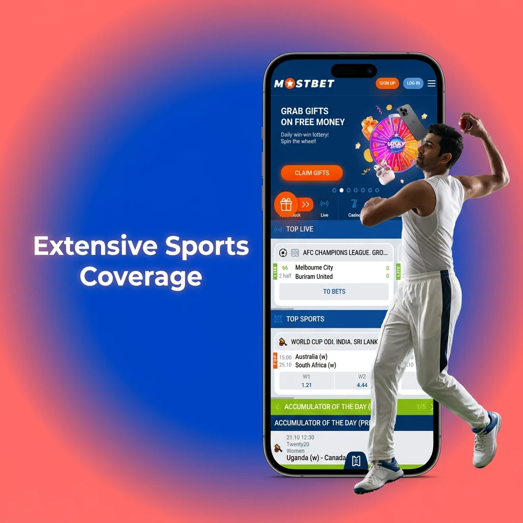 Extensive sports coverage on the Mostbet app, featuring live bets, streams, and stats for cricket, football, and eSports.