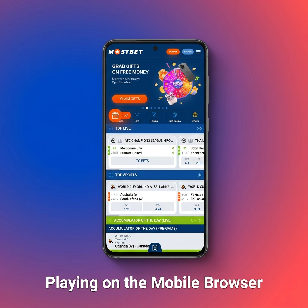 Smartphone displaying the Mostbet mobile website for online betting and casino games.