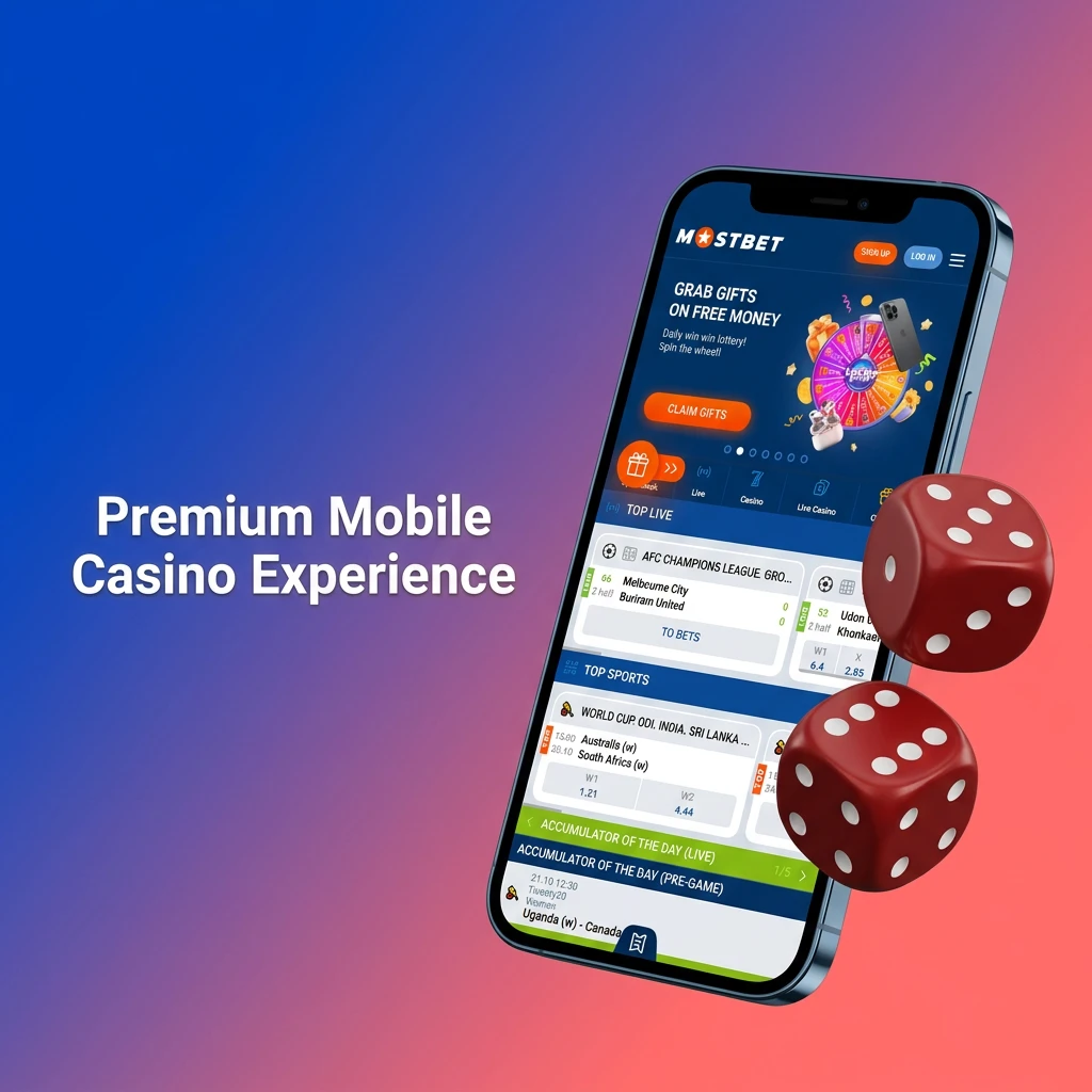 Premium Mostbet mobile casino app interface showing live dealers, popular slots, table games, and sports betting.